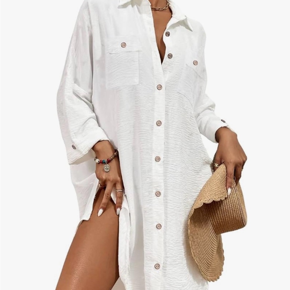 BSUBSEACH White Button-Up Shirt Swim Coverup with Pockets - Large